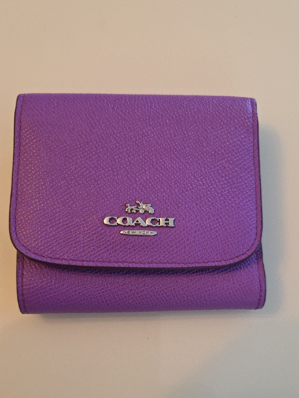 COACH Purple Leather Tri-Fold Wallet with Silver Logo